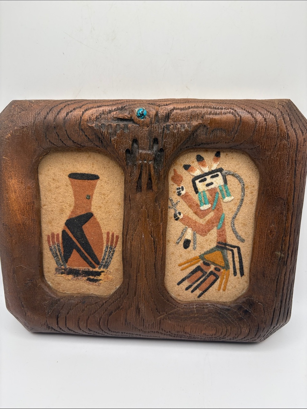 Vintage Native American Sand Art Signed by Artist in Wooden Frame Piece